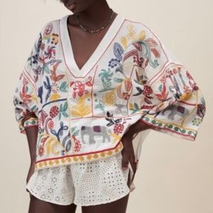 Zara Shirt Women’s Large White Embroidered Boho Bird Floral Tunic Top Elephants